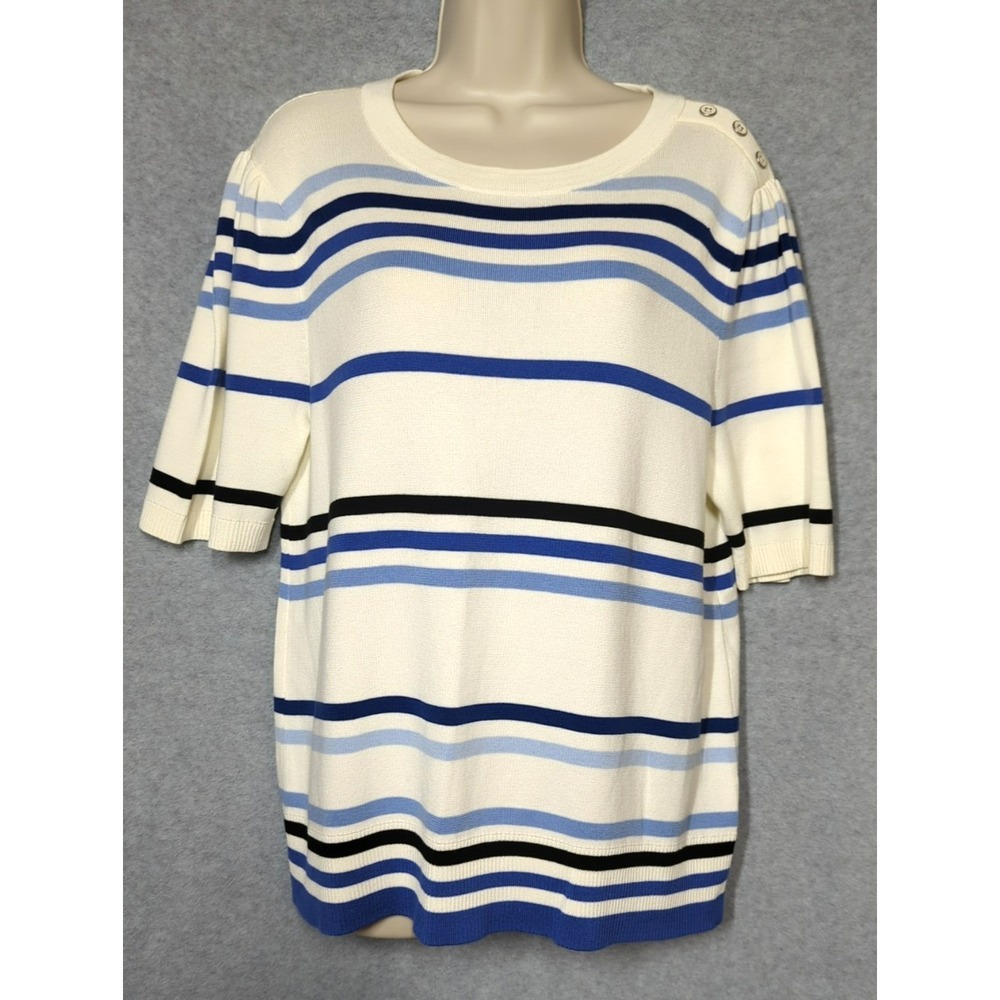 Talbots Pullover Stripe Sweater  XL  Elbow Sleeve Button Shoulder Timeless Chic